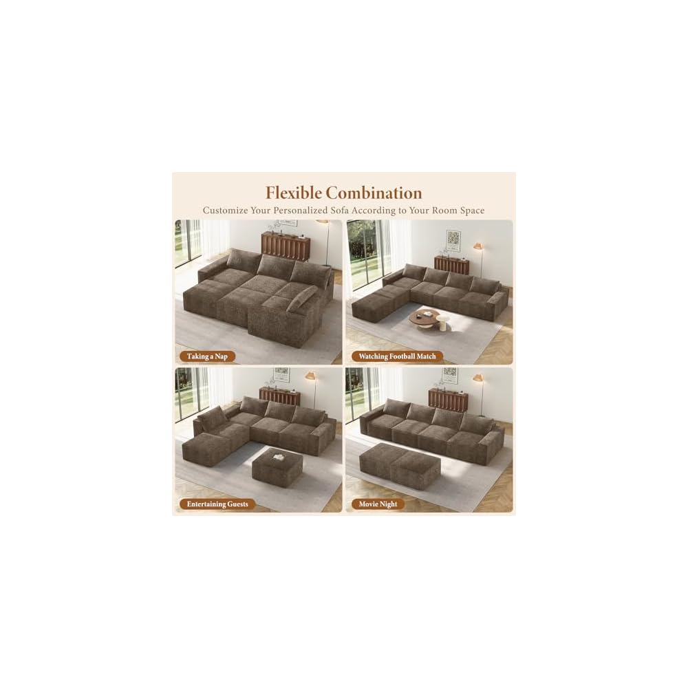 145.6" U Shaped 6 Seater Boneless Sectional Couch, Dark Brown