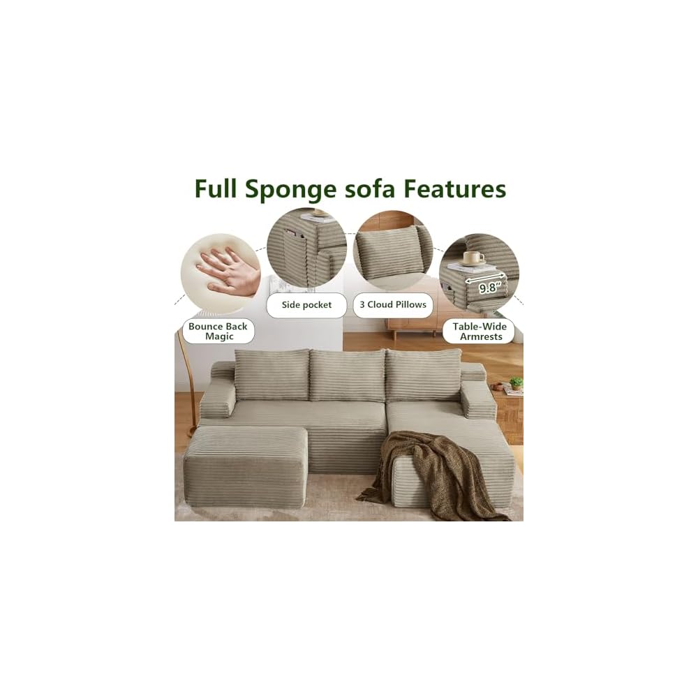 96.1" Modular Sectional Sofa with Ottoman, Modern Corduroy Cloud Couch, Boneless Couch Upholstered 3-Seater U-Shaped Sofa for Living Room, No Assembly (Camel, Right-Facing Chaise)