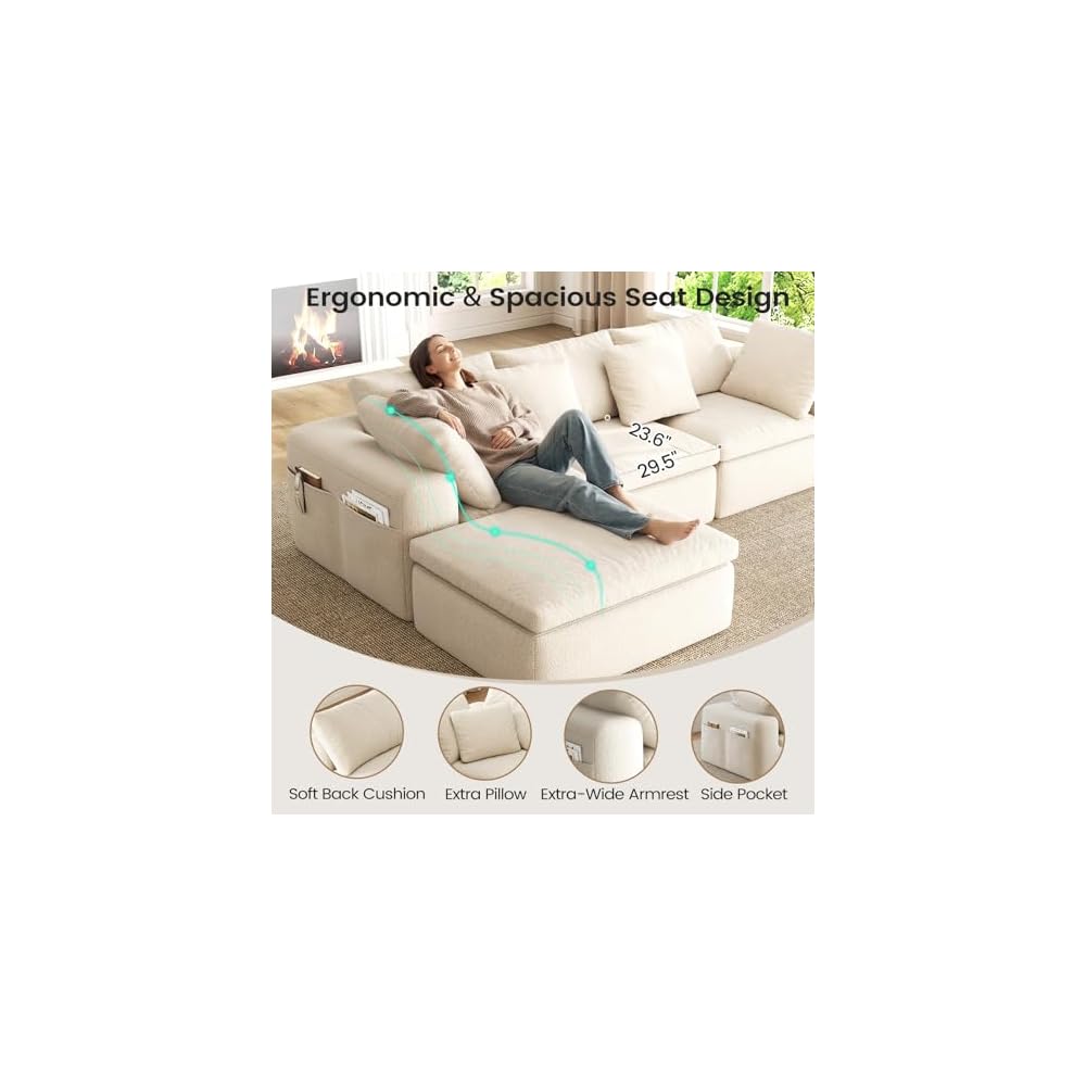 108" Modular Sectional Sofa with Ottoman, Convertible L-Shape Cloud Couch for Living Room, Breathable Reversible Boneless Couches, Chenille Deep Seat Sleeper with Storage Pockets, Beige
