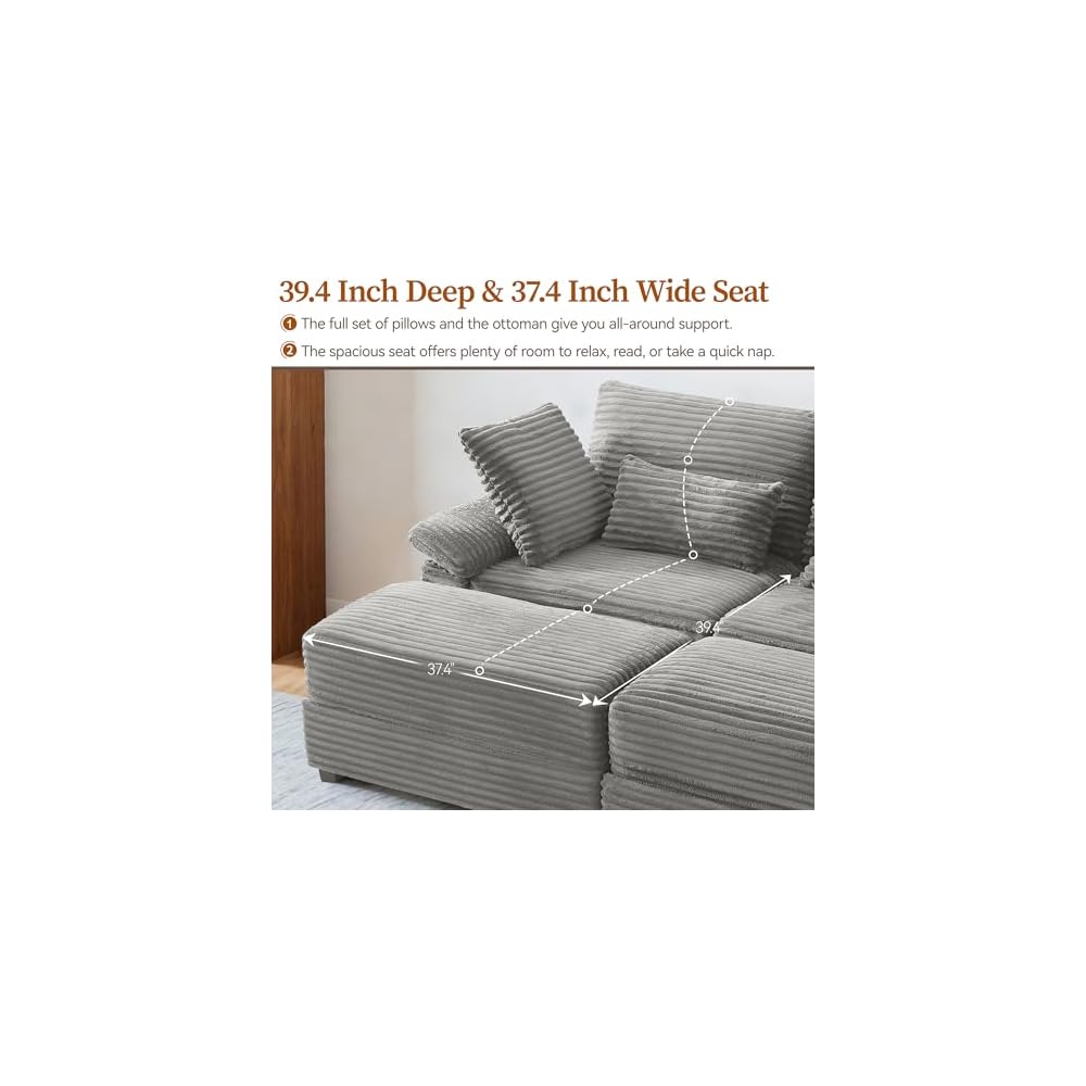 75" übergroßes Zweisitzer-Sofa mit Stauraum-Ottomane & USB-Anschlüssen, tiefes Kordsofa mit Couchtisch, doppelte Récamiere für das Wohnzimmer, Grau