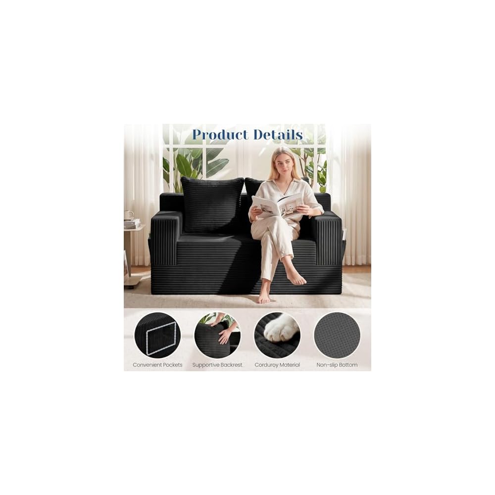 Ausziehbares Schlafsofa, kleines rahmenloses Sofa & rahmenloser Zweisitzer, ausziehbare Couch für kleine Räume, hochwertiges, luxuriöses Klapp-Futon aus Kordsamt mit Seitentasche & 2 Kissen, keine Montage erforderlich