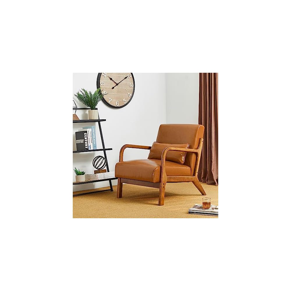 30" H Mid Century Yellowish Brown Accent Armchair, Single Reading Sofa, PU Leather Lounge Chair with Walnut Ruberwood Frame for Livingroom or Office