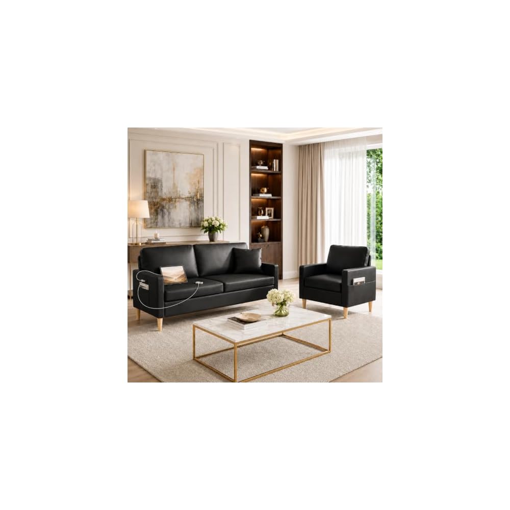 2 Piece Black Faux Leather Modern Small Couch and Chair Set for Office