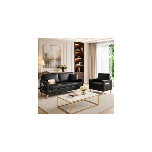 2 Piece Black Faux Leather Modern Small Couch and Chair Set for Office