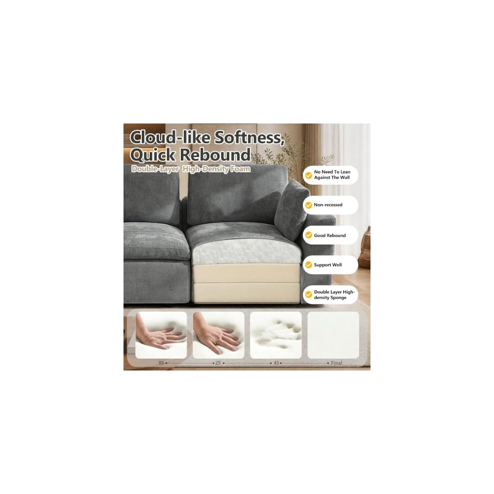 Übergroßes 280 cm Cloud-Sofa, modulares Ecksofa, 4-Sitzer L-Form mit Ottomane, tiefes Chenille-Sofa mit Memory-Schaum, dunkelgrau
