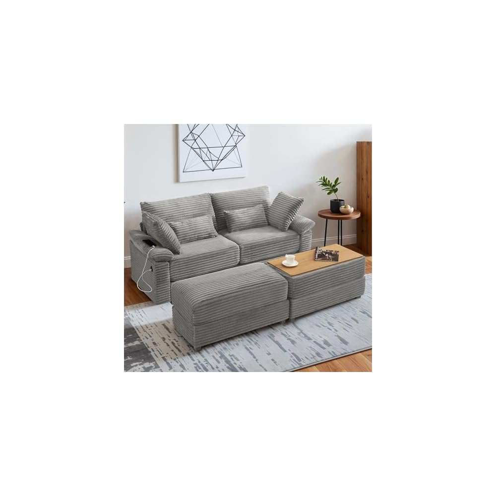 75" Oversized Loveseat Sofa with Storage Ottoman & USB Ports, Deep Seat Corduroy Couch with Coffee Table, Double Chaise Lounge for Living Room, Grey