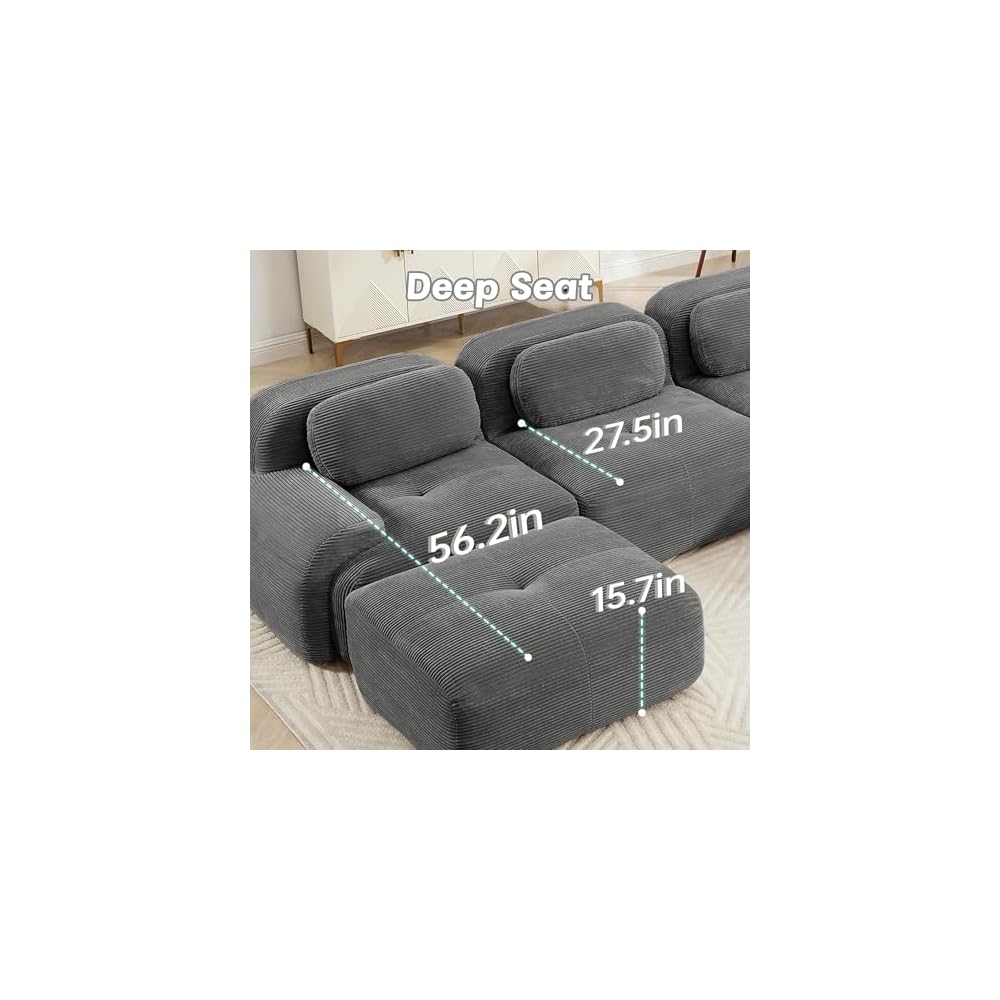 130" Übergroßes, graues 2-Sitzer-Sofa aus Kord, luxuriöses modulares Ecksofa mit zwei Ottomanen und ergonomisch geschwungenen Armlehnen