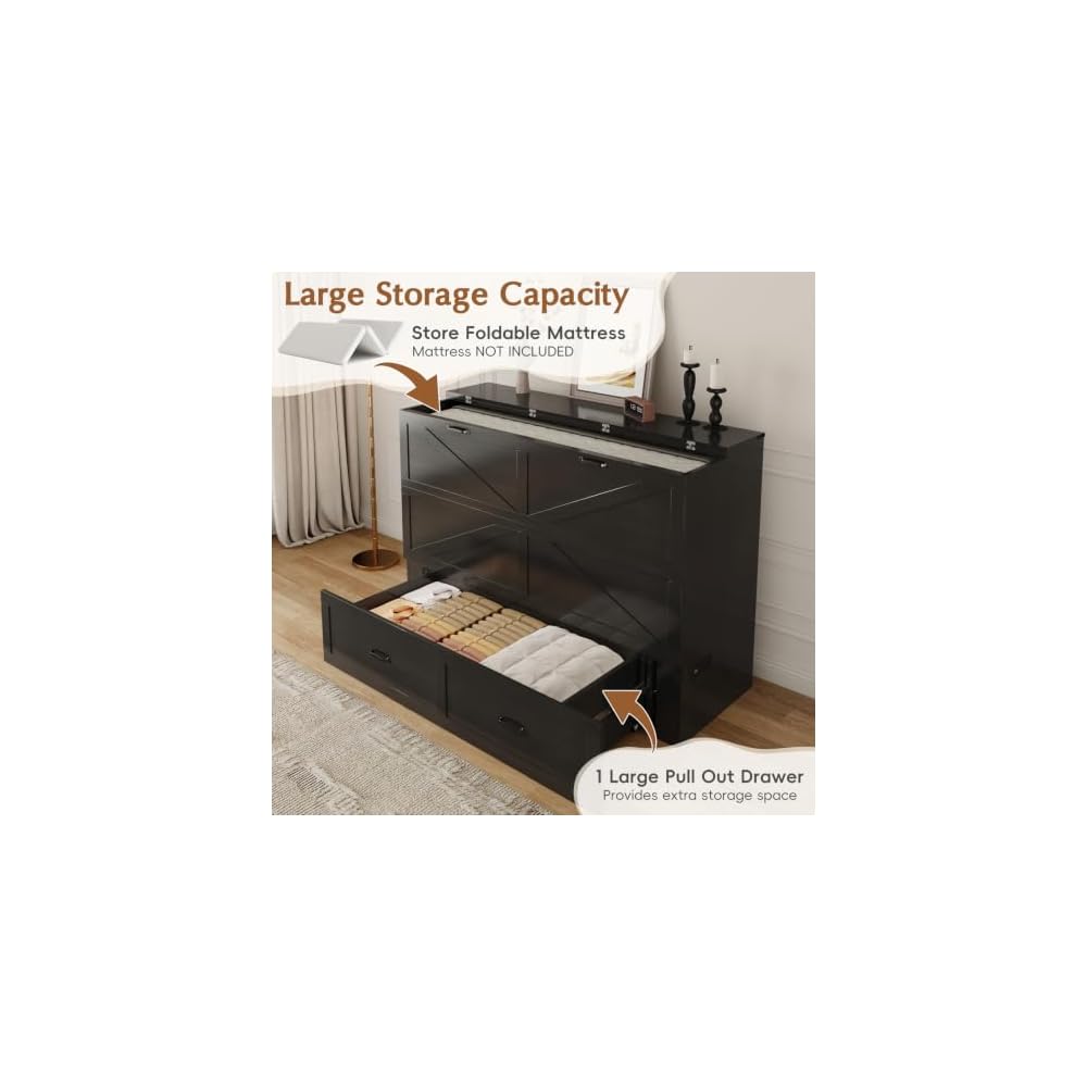 Queen Size Murphy Chest Bed with Drawer and Charging Station, Farmhouse Wood Space-Saving Hidden Folding Bed Chest, Multifunctional Storage Cabinet Beds for Bedroom, Office, Black
