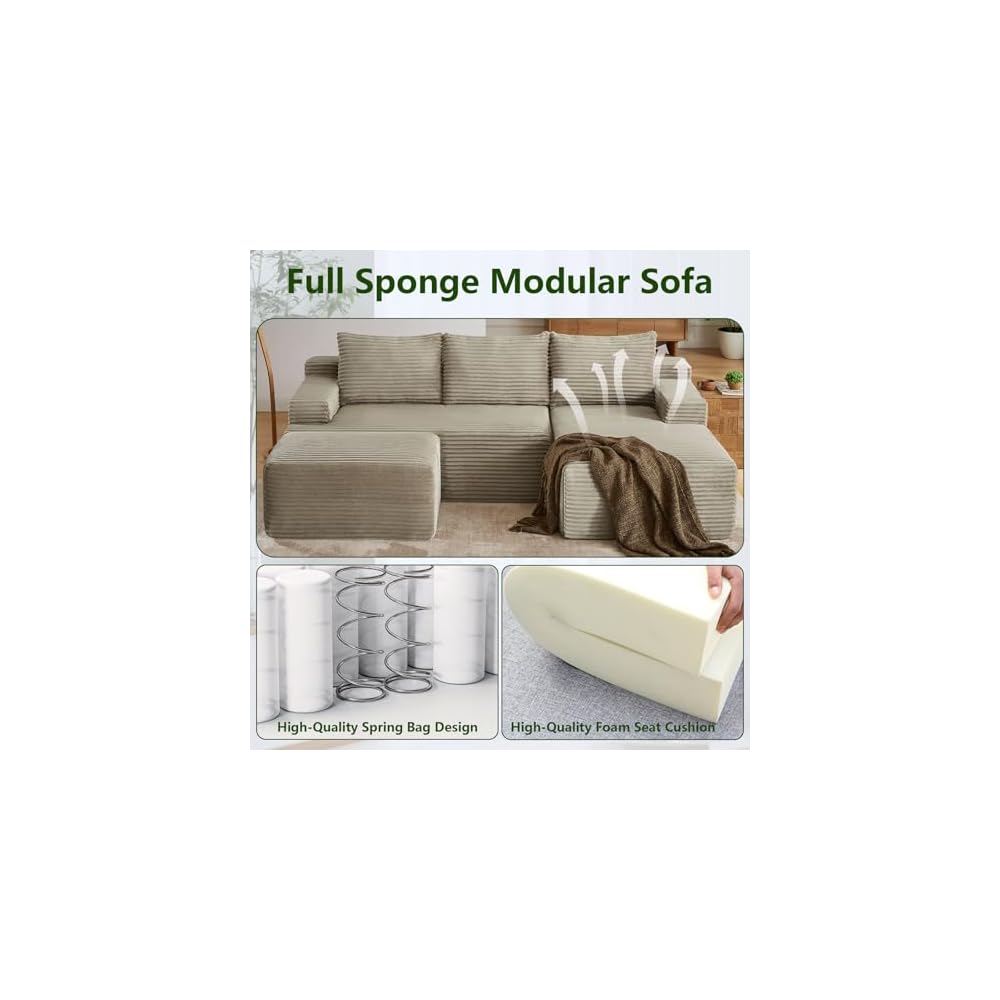 96.1" Modular Sectional Sofa with Ottoman, Modern Corduroy Cloud Couch, Boneless Couch Upholstered 3-Seater U-Shaped Sofa for Living Room, No Assembly (Camel, Right-Facing Chaise)