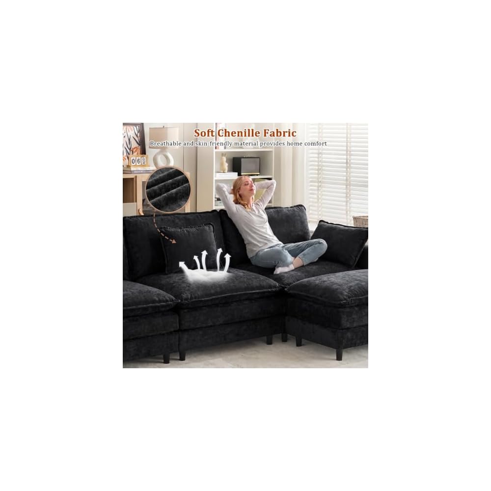 113" Modulares Cloud-Ecksofa, schwarze L-förmige Couch mit tiefer Sitzfläche und Hocker, 4-Sitzer Chenille-Modulsofa für Wohnzimmer, Apartment