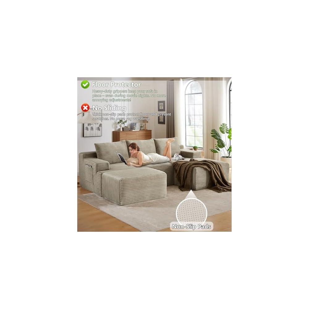 96.1" Modular Sectional Sofa with Ottoman, Modern Corduroy Cloud Couch, Boneless Couch Upholstered 3-Seater U-Shaped Sofa for Living Room, No Assembly (Camel, Right-Facing Chaise)