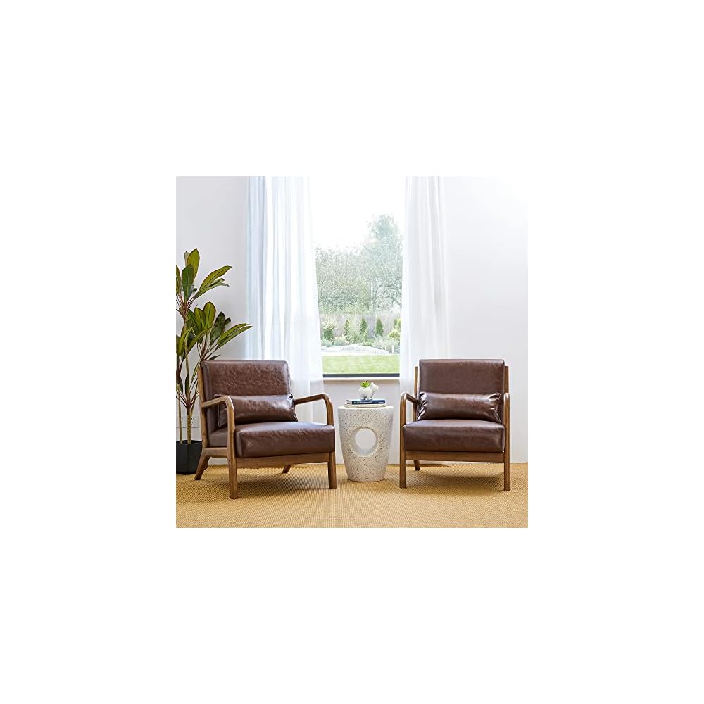 30" H Mid Century Yellowish Brown Accent Armchair, Single Reading Sofa, PU Leather Lounge Chair with Walnut Ruberwood Frame for Livingroom or Office