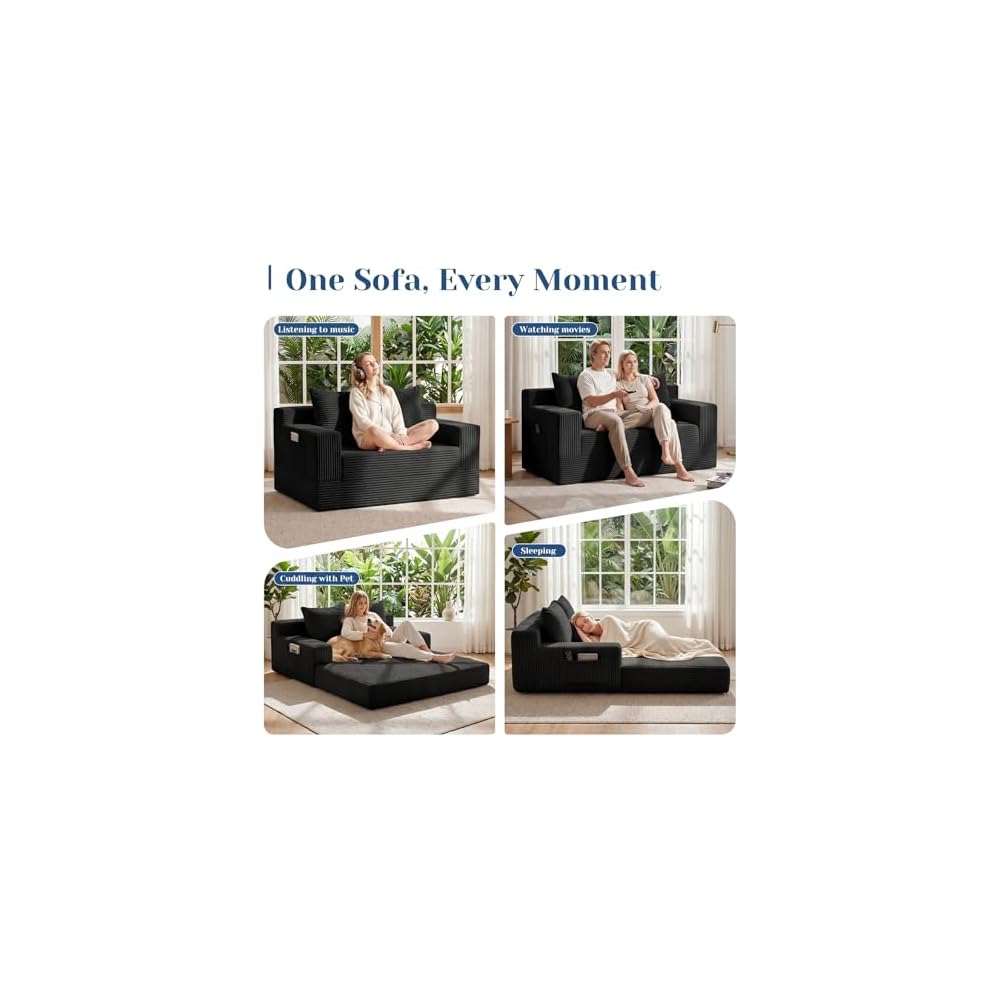 Ausziehbares Schlafsofa, kleines rahmenloses Sofa & rahmenloser Zweisitzer, ausziehbare Couch für kleine Räume, hochwertiges, luxuriöses Klapp-Futon aus Kordsamt mit Seitentasche & 2 Kissen, keine Montage erforderlich