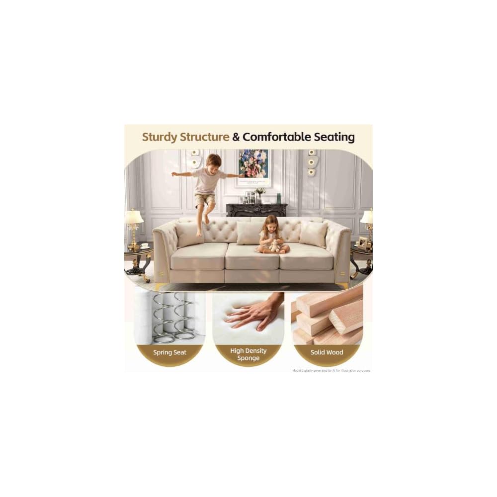 61,8'' Chesterfield-Ecksofa, beige Couch aus Kunstleder, goldene Akzente