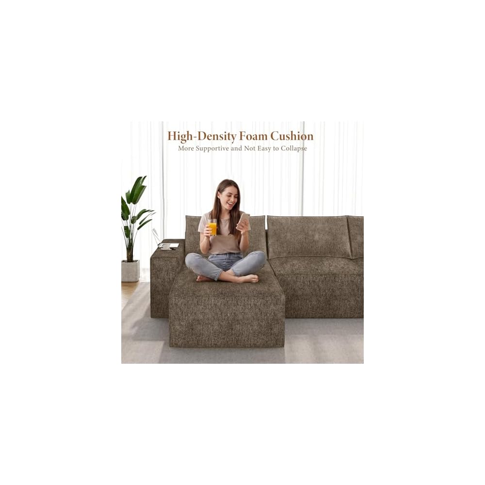 145.6" U Shaped 6 Seater Boneless Sectional Couch, Dark Brown