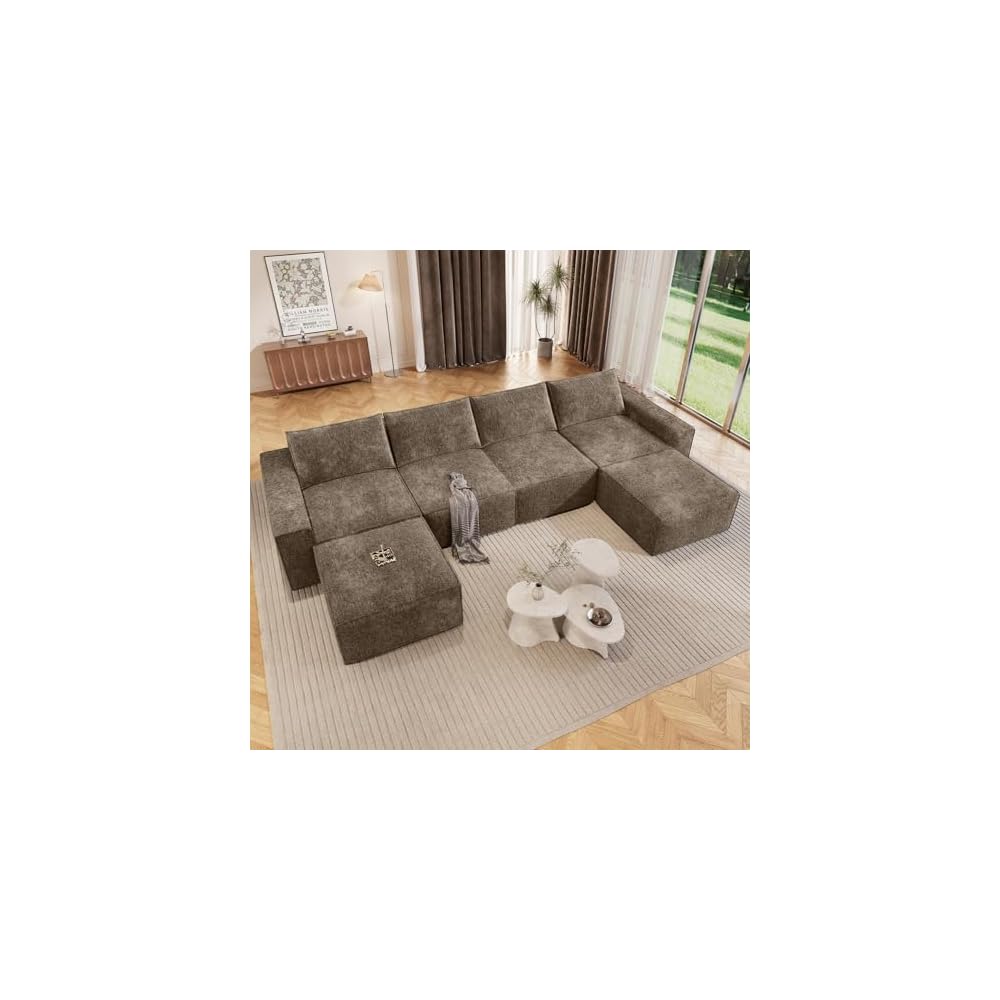 145.6" U Shaped 6 Seater Boneless Sectional Couch, Dark Brown