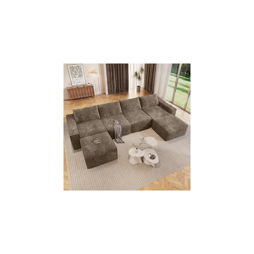 145.6" U Shaped 6 Seater Boneless Sectional Couch, Dark Brown