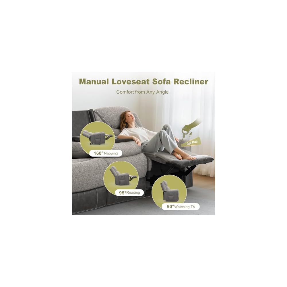 Manual Recliner Sectional Sofa for Living Room, Corner Couch with Flip Middle Backrest, USB Ports & Cup Holders, Grey Linen & Chocolate Leather, 5 Seater Sectional Couch