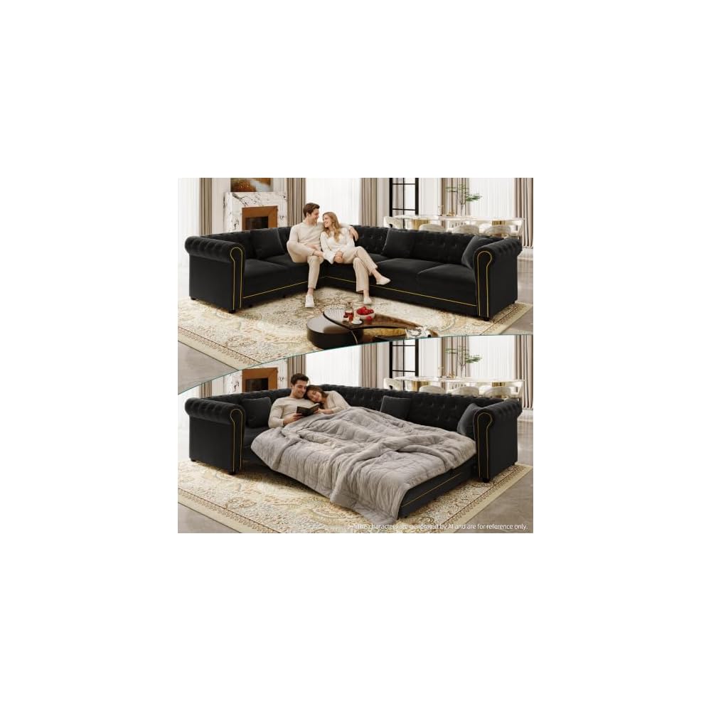 115.3" L-Shaped Sofa Couch with Pull Out Bed, Oversize Convertible Sectional Sleeper Sofa with Button Tufted & Rolled Arm, 6 Seat Velvet Upholstered Couches for Living Room(Black)