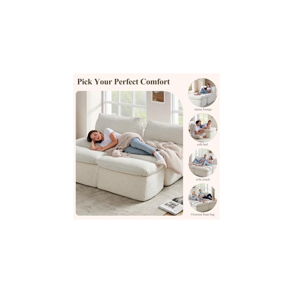 Sitzsack-Sessel, Loungesessel mit abnehmbarem Fußhocker für Erwachsene, bequemes Stoff-Schlafsofa mit Memory-Schaum, Rückenlehne für Wohnzimmer, Büro, Schlafzimmer, Beige