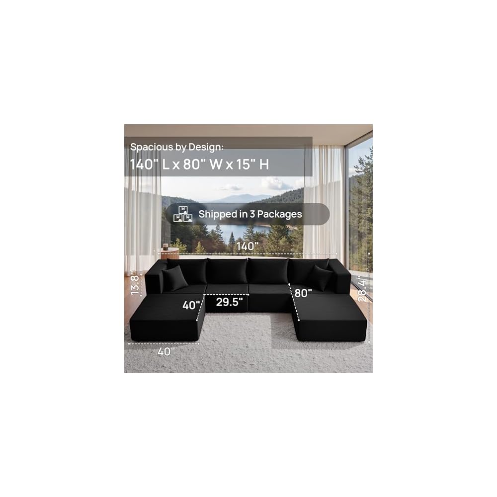 140" Modular Sectional Sofa Couches Corduroy Sleeper Deep Seat Sofa Bed, Comfy Cloud Couch for Living Room Floor Sofa, 6 Piece Free Combination Compression, No Assembly Required, Obsidian