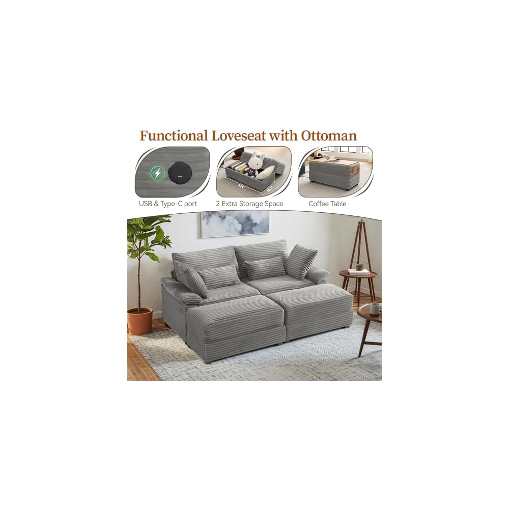 75" übergroßes Zweisitzer-Sofa mit Stauraum-Ottomane & USB-Anschlüssen, tiefes Kordsofa mit Couchtisch, doppelte Récamiere für das Wohnzimmer, Grau