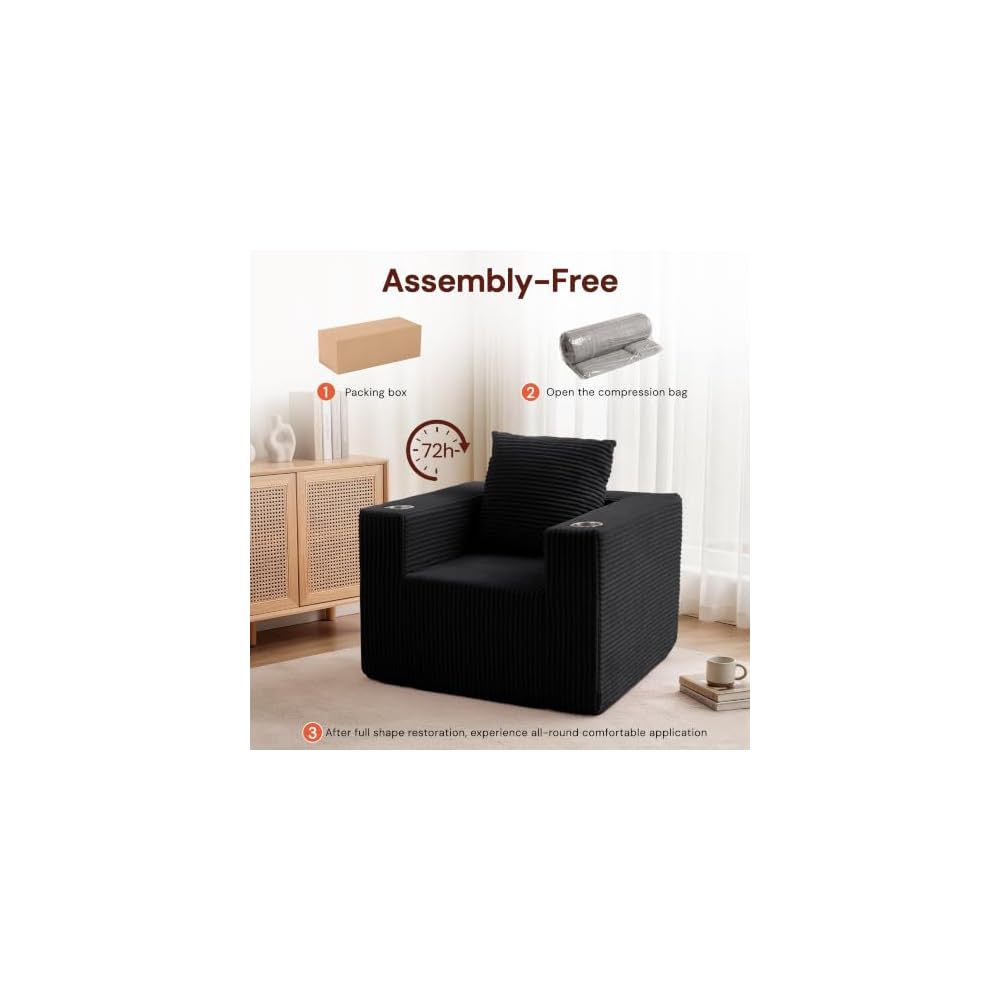 34" Boneless Couch Single Sofa, Small Couches for Small Spaces, Corduroy Couch Chair with Cup Holder & Storage Pocket, Cloud Chair with Pillow for Living Room & Office, No Assembly Required