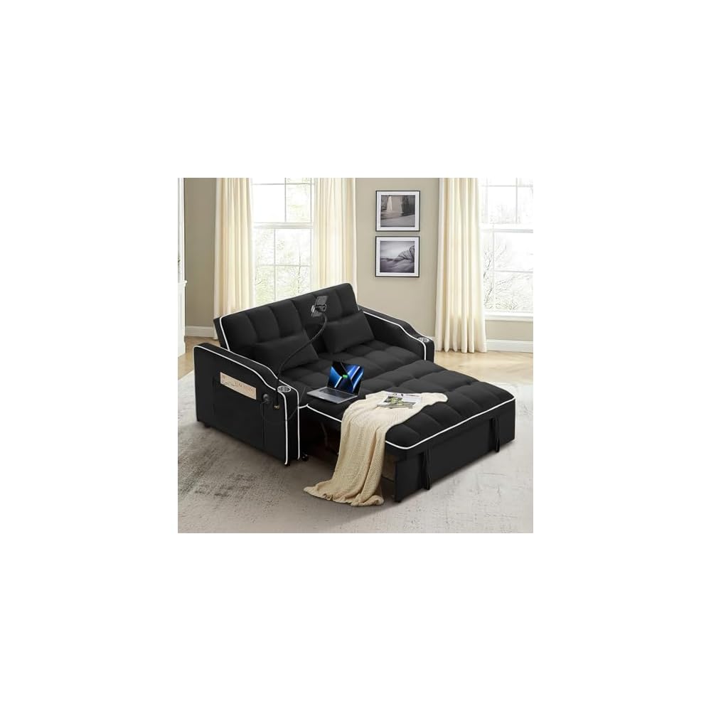 Schlafsofa mit Handyhalterung, modernes 3-in-1 ausziehbares Samt-Futon-Sofa mit USB- & Typ-C-Anschluss & Getränkehalter für Wohnzimmer, Schlafzimmer und Büro