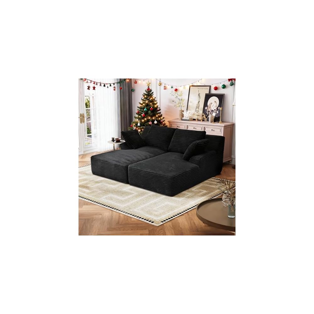 Übergroßer Loungesessel für den Innenbereich, rahmenloses Cord-Schlafsofa, tiefe Sitzgelegenheit, Lesesessel, Cloud-Sofa für das Wohnzimmer, kein Aufbau erforderlich (Schwarz, Doppelgröße)