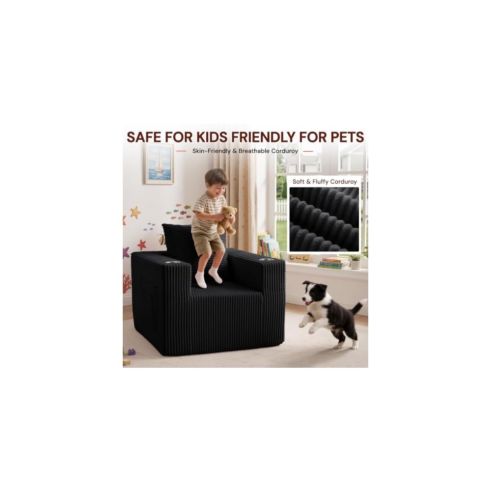 34" Boneless Couch Single Sofa, Small Couches for Small Spaces, Corduroy Couch Chair with Cup Holder & Storage Pocket, Cloud Chair with Pillow for Living Room & Office, No Assembly Required