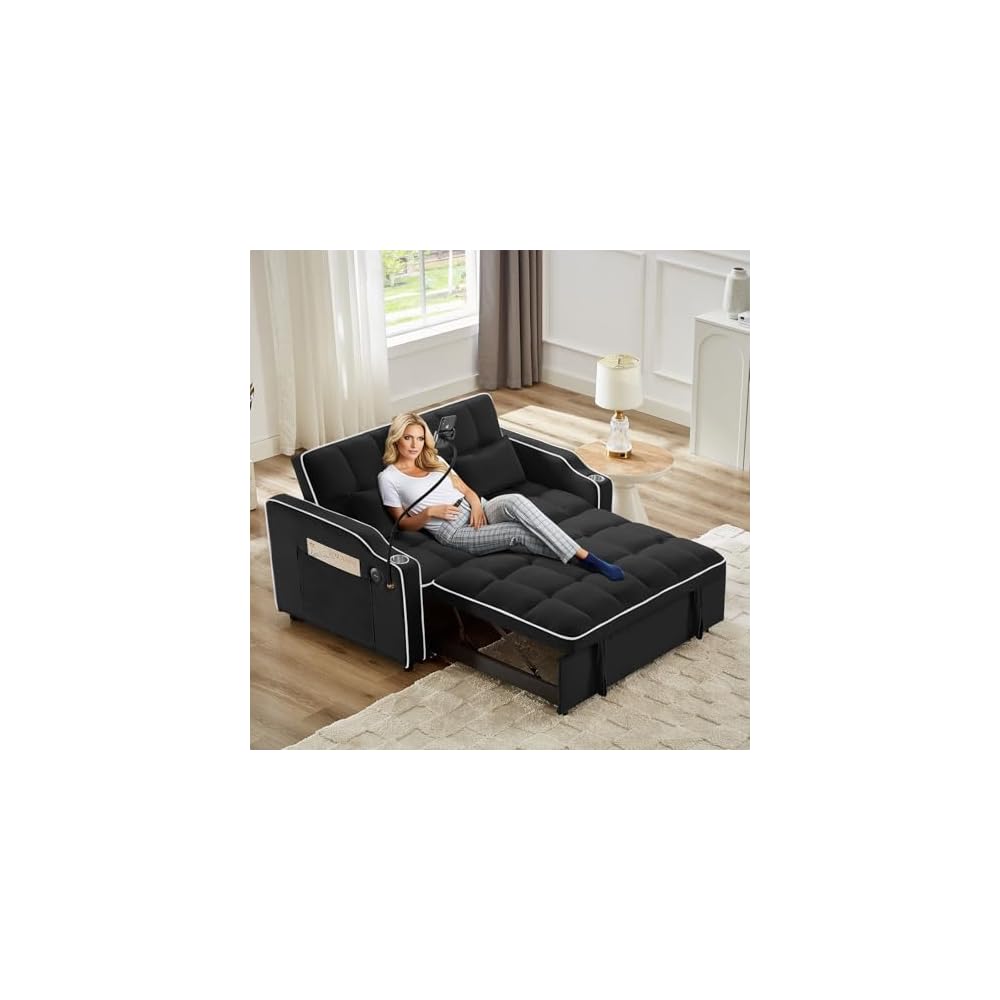 Schlafsofa mit Handyhalterung, modernes 3-in-1 ausziehbares Samt-Futon-Sofa mit USB- & Typ-C-Anschluss & Getränkehalter für Wohnzimmer, Schlafzimmer und Büro