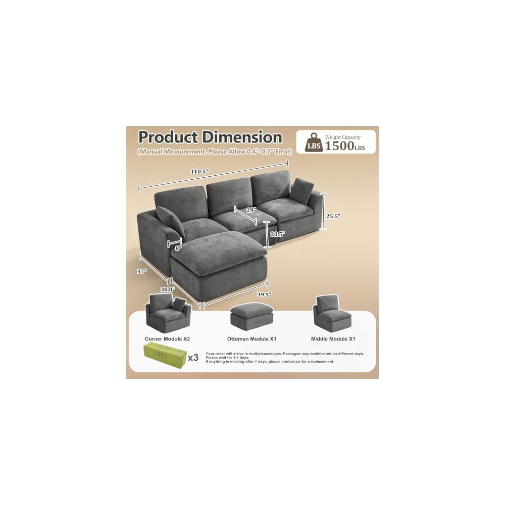 Übergroßes 280 cm Cloud-Sofa, modulares Ecksofa, 4-Sitzer L-Form mit Ottomane, tiefes Chenille-Sofa mit Memory-Schaum, dunkelgrau