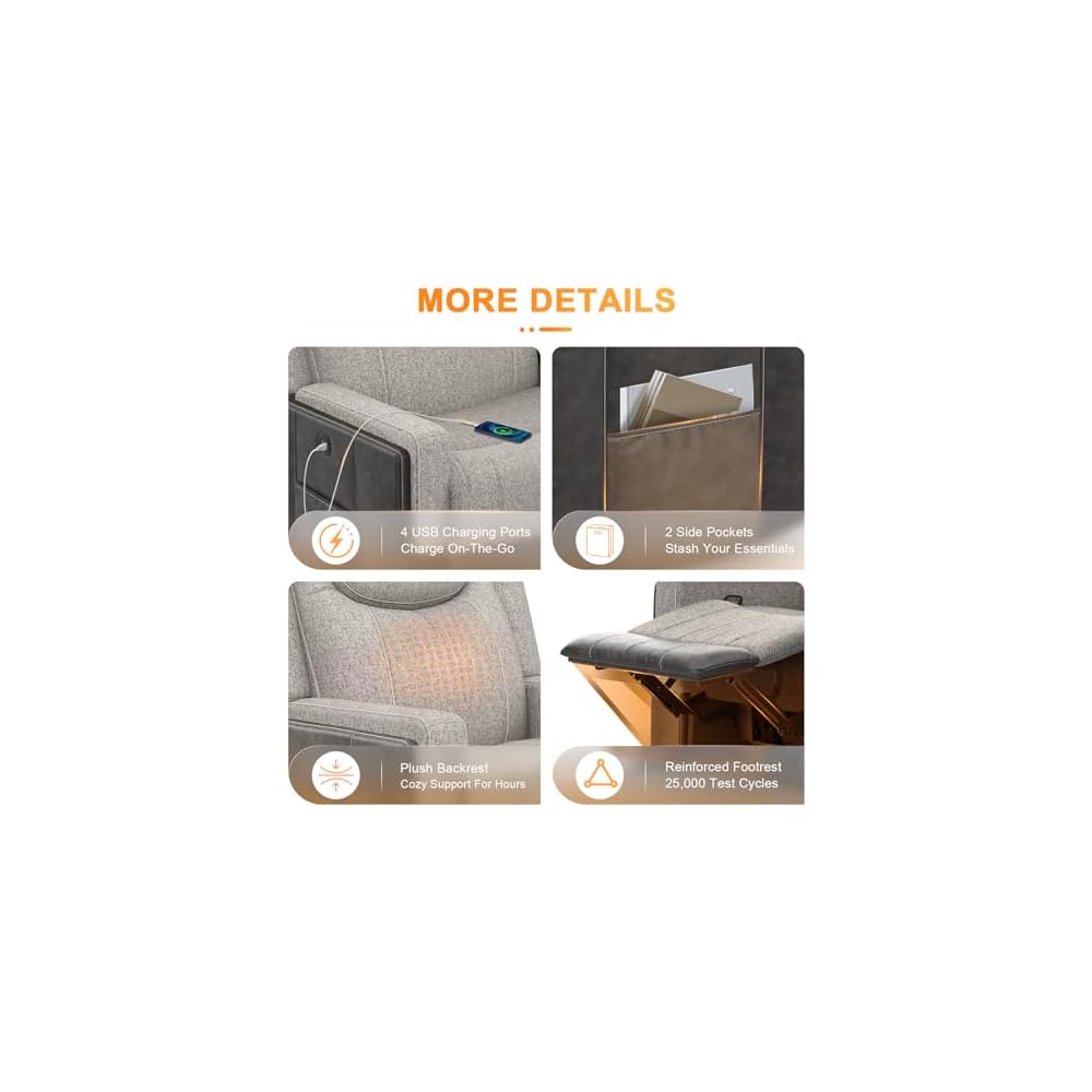 Manual Recliner Sectional Sofa for Living Room, Corner Couch with Flip Middle Backrest, USB Ports & Cup Holders, Grey Linen & Chocolate Leather, 5 Seater Sectional Couch
