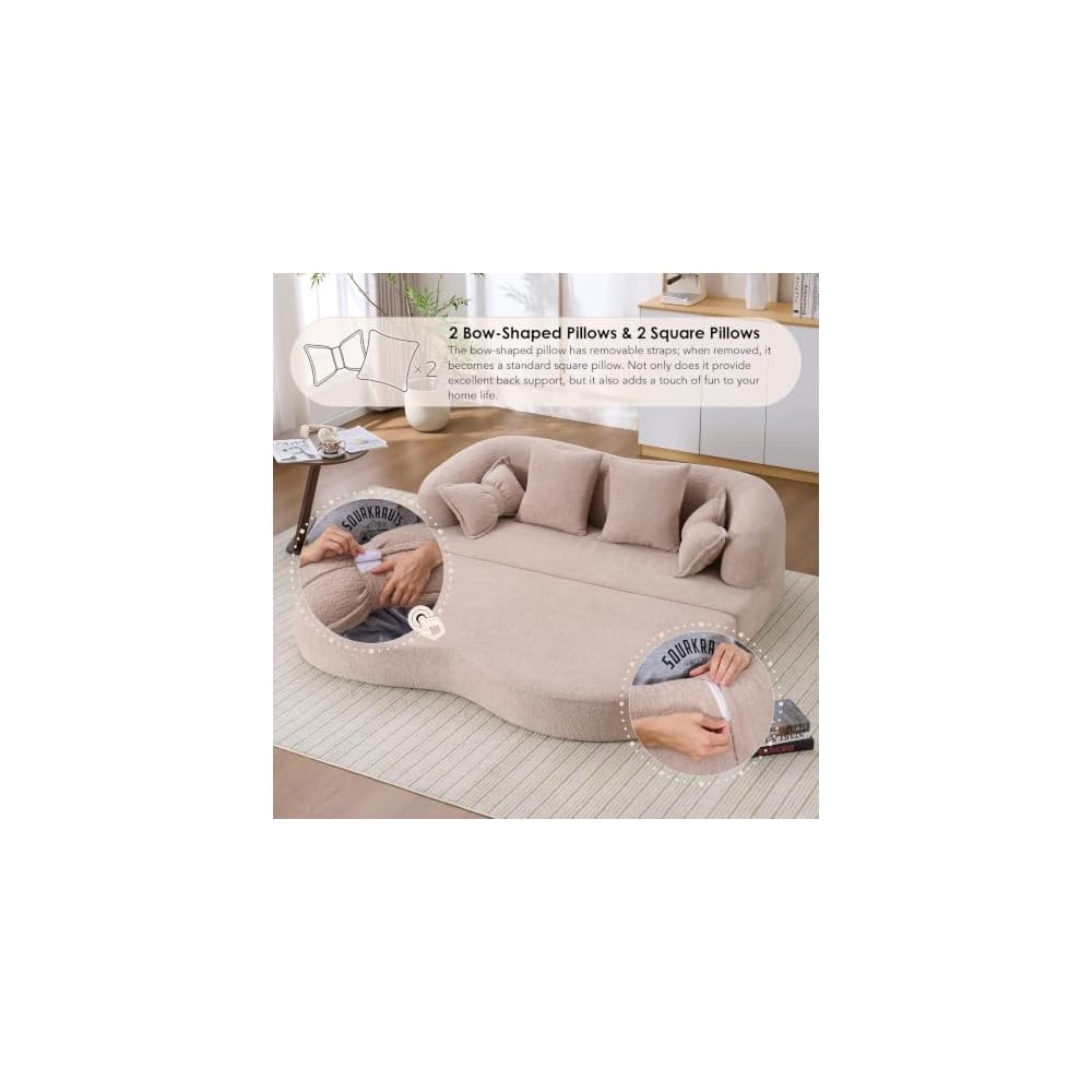 2-in-1 Foldable Sofa Bed with Curved Backrest for Small Spaces (Apricot)