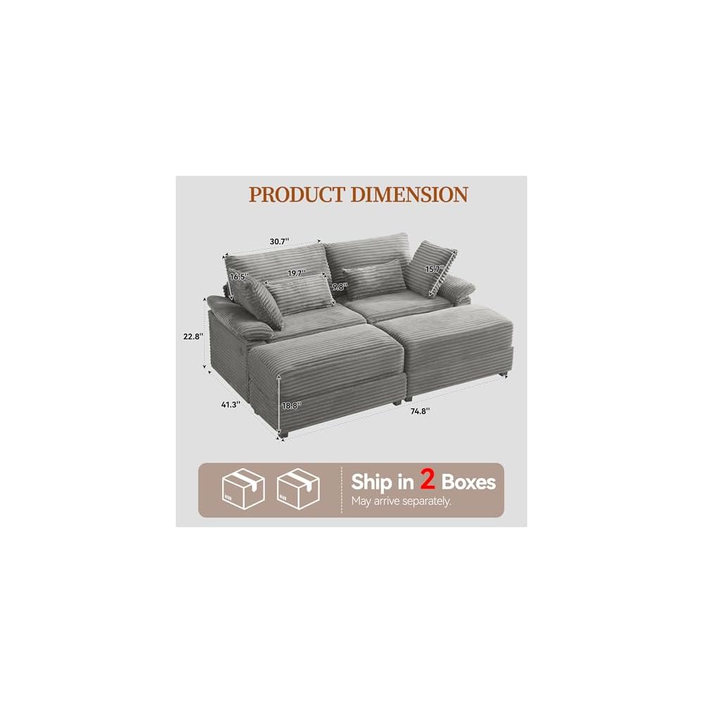 75" übergroßes Zweisitzer-Sofa mit Stauraum-Ottomane & USB-Anschlüssen, tiefes Kordsofa mit Couchtisch, doppelte Récamiere für das Wohnzimmer, Grau