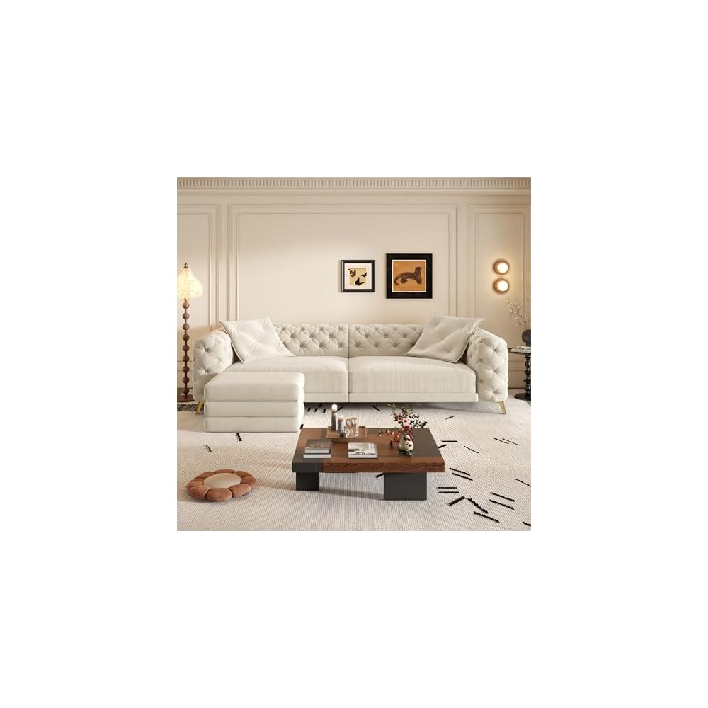 97.7" Convertible Sleeper Sofa Bed, 3 in 1 Pull Out Sofa Bed, Button Tufted Modern Sofa, 4-Seater Couch with Movable Ottoman for Living Room, Bedroom, Apartment, Beige
