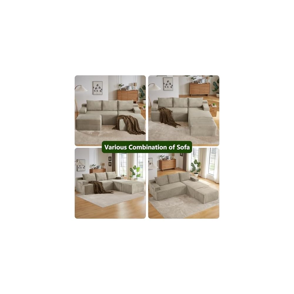 96.1" Modular Sectional Sofa with Ottoman, Modern Corduroy Cloud Couch, Boneless Couch Upholstered 3-Seater U-Shaped Sofa for Living Room, No Assembly (Camel, Right-Facing Chaise)