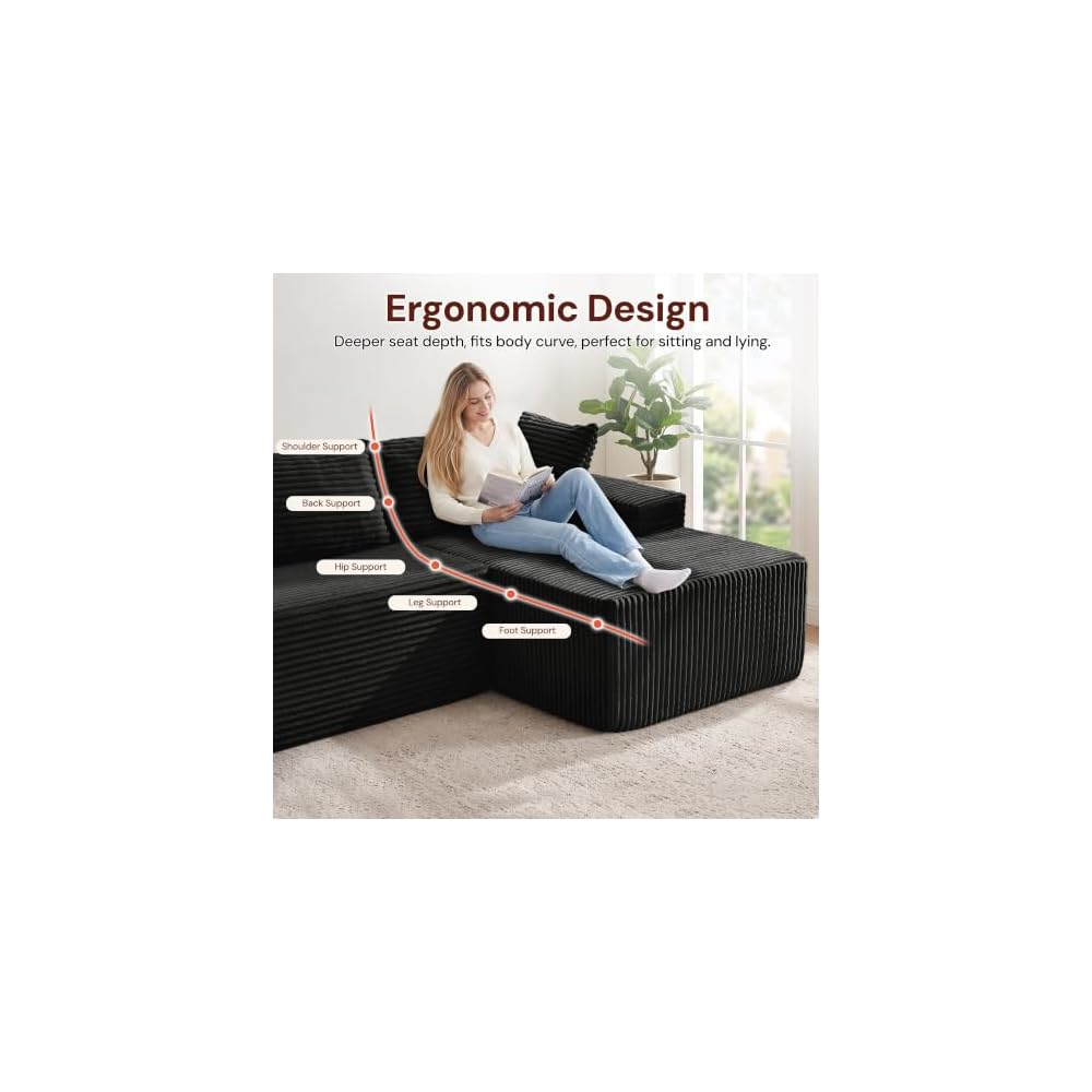 133" Oversized Modular Sectional Sofa, U-Shaped Boneless Couch with Double Chaise, Comfy Corduroy Cloud Couch Sectional, Deep Seat Sectional Couches for Living Room, No Assembly Required, Black
