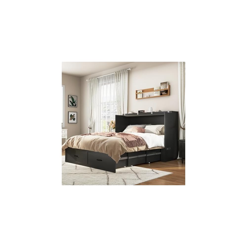 Queen Size Murphy Chest Bed with Drawer and Charging Station, Farmhouse Wood Space-Saving Hidden Folding Bed Chest, Multifunctional Storage Cabinet Beds for Bedroom, Office, Black