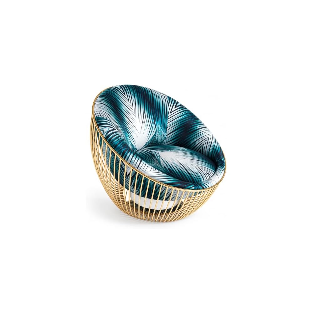Teal Geometric Fabric Accent Chair with Gold Metal Cage Frame
