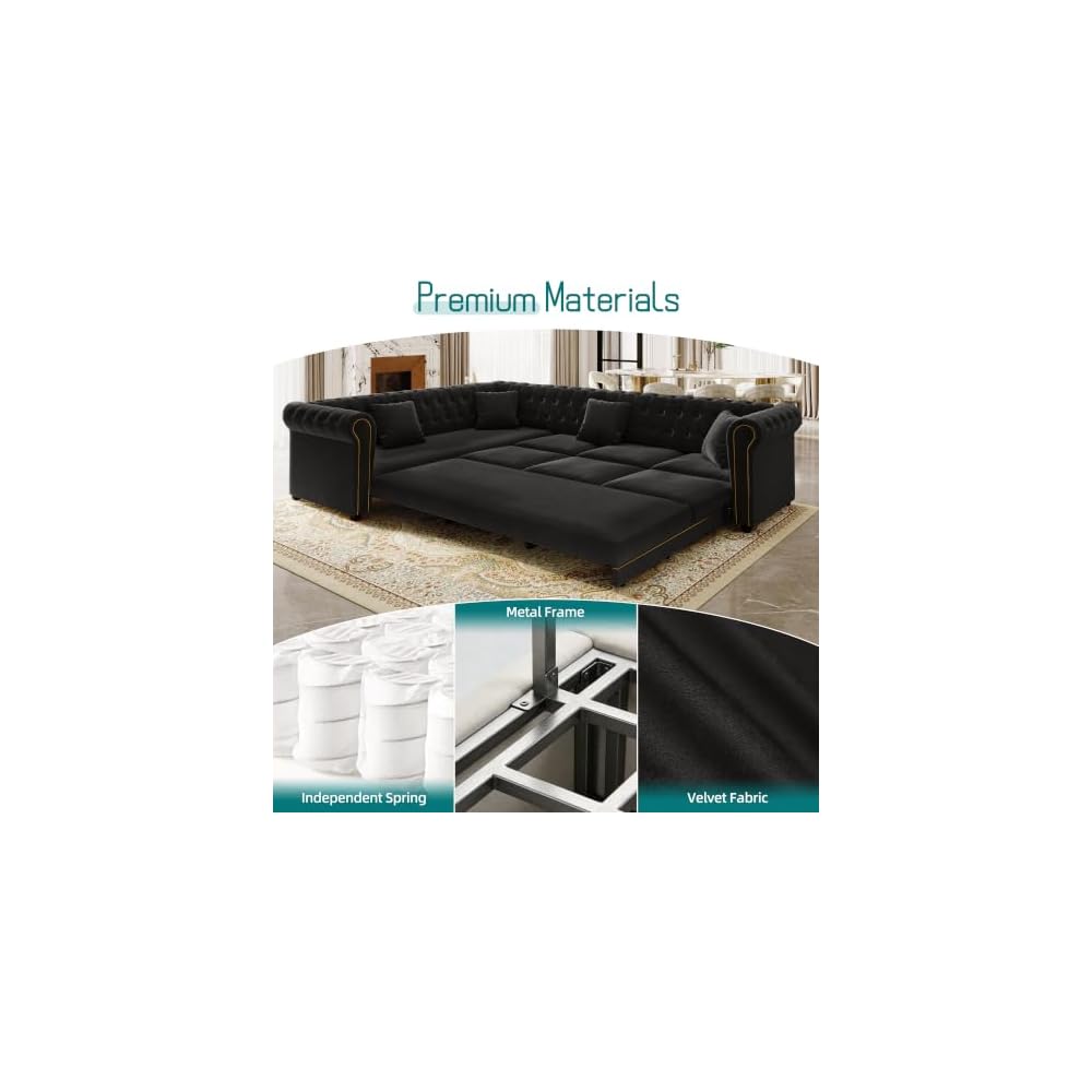 115.3" L-Shaped Sofa Couch with Pull Out Bed, Oversize Convertible Sectional Sleeper Sofa with Button Tufted & Rolled Arm, 6 Seat Velvet Upholstered Couches for Living Room(Black)