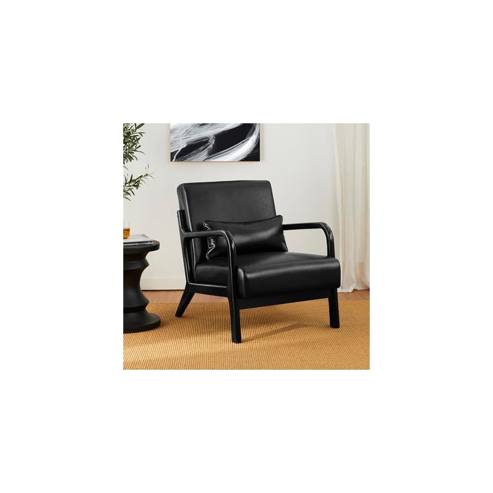 30" H Mid Century Yellowish Brown Accent Armchair, Single Reading Sofa, PU Leather Lounge Chair with Walnut Ruberwood Frame for Livingroom or Office