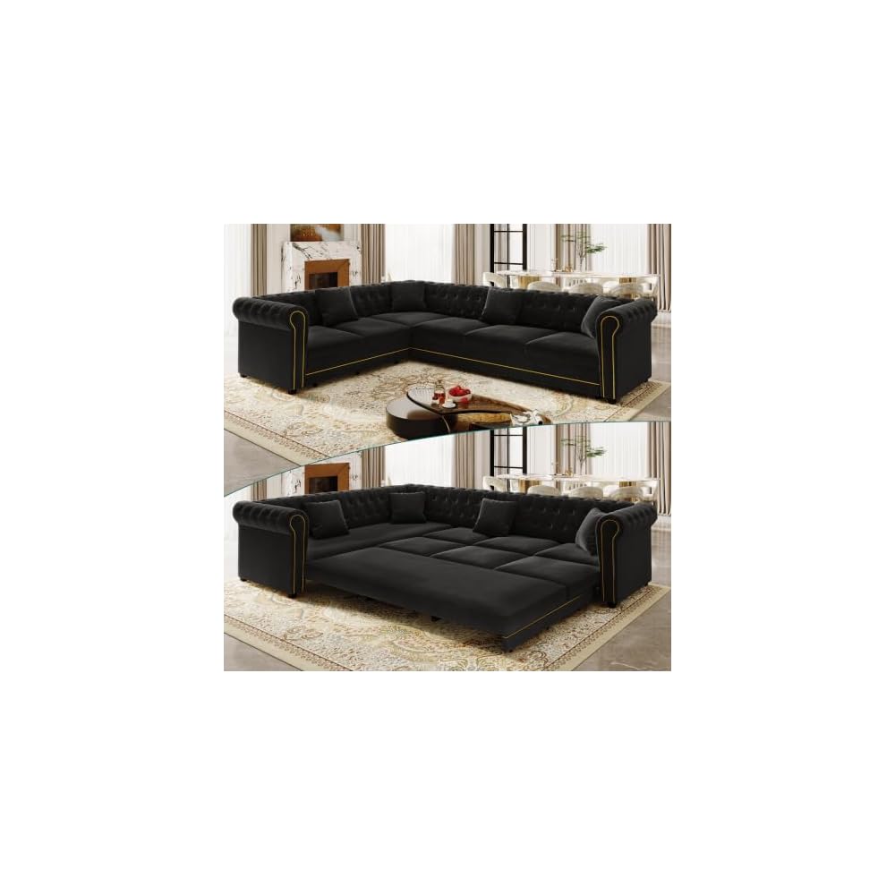 115.3" L-Shaped Sofa Couch with Pull Out Bed, Oversize Convertible Sectional Sleeper Sofa with Button Tufted & Rolled Arm, 6 Seat Velvet Upholstered Couches for Living Room(Black)