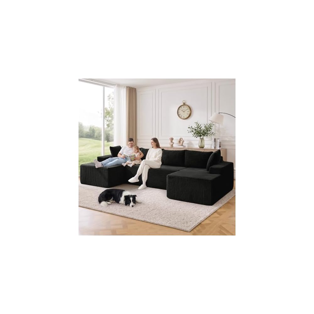 133" Oversized Modular Sectional Sofa, U-Shaped Boneless Couch with Double Chaise, Comfy Corduroy Cloud Couch Sectional, Deep Seat Sectional Couches for Living Room, No Assembly Required, Black