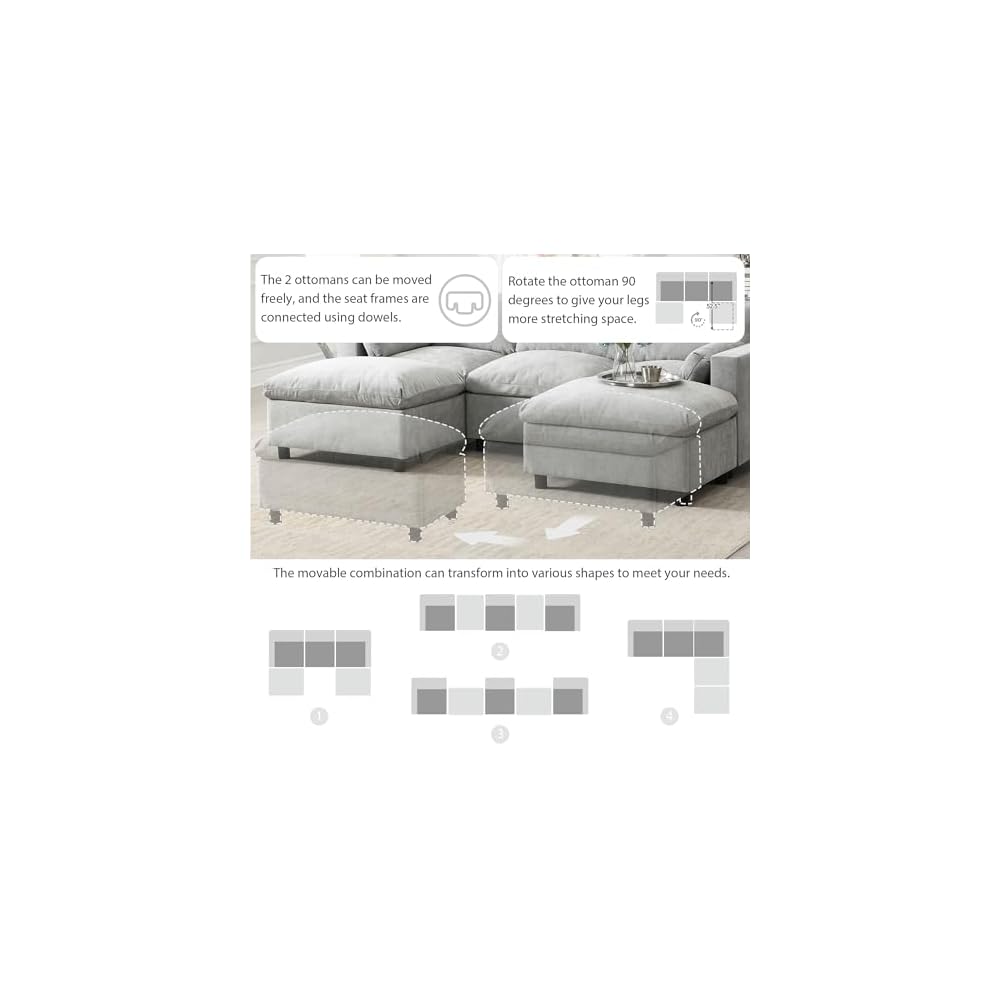 86.5" Sectional Sofa with Storage Pockets & Removable Ottomans, 5 Seat U Shaped Sleeper Cloud Couch Set, Convertible L-Shaped Chenille Upholstered SofaBed for Living Room and Apartment, Grey
