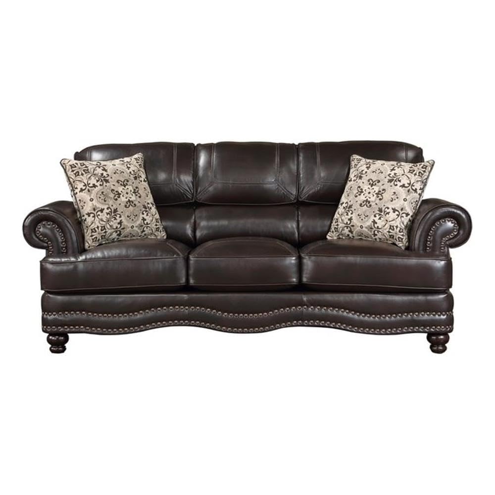 Atmungsaktives Sofa mit Kunstlederbezug, braunes Finish, Massivholzgestell, Polsterung aus hochdichtem Schaumstoff, Ziernägel, Dekokissen, Füße aus Espresso-Holz, traditionelle Wohnzimmersitzmöbel
