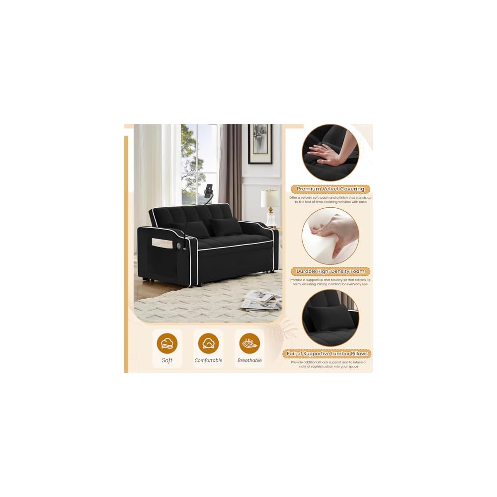 Schlafsofa mit Handyhalterung, modernes 3-in-1 ausziehbares Samt-Futon-Sofa mit USB- & Typ-C-Anschluss & Getränkehalter für Wohnzimmer, Schlafzimmer und Büro