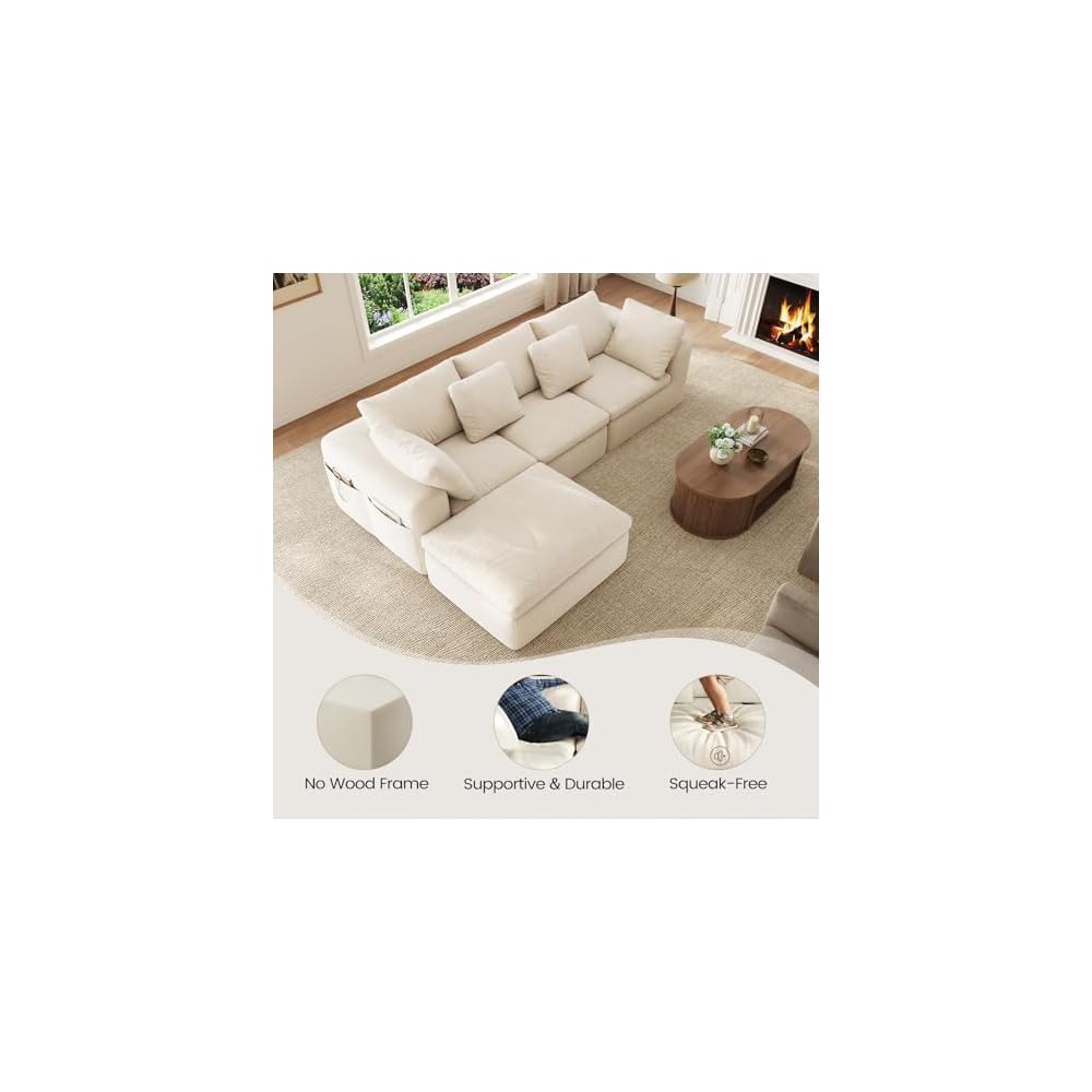 108" Modular Sectional Sofa with Ottoman, Convertible L-Shape Cloud Couch for Living Room, Breathable Reversible Boneless Couches, Chenille Deep Seat Sleeper with Storage Pockets, Beige