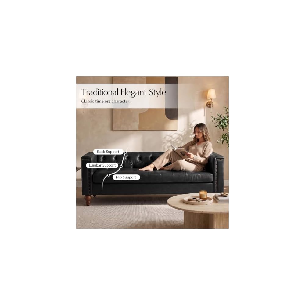 81,5" B Chesterfield-Sofa aus Kunstleder mit knopfgetufteter Rückenlehne, 3-Sitzer-Sofa mit Massivholzbeinen, traditionelles Sofa für Wohnzimmer, Schlafzimmer, Apartment, Schwarz