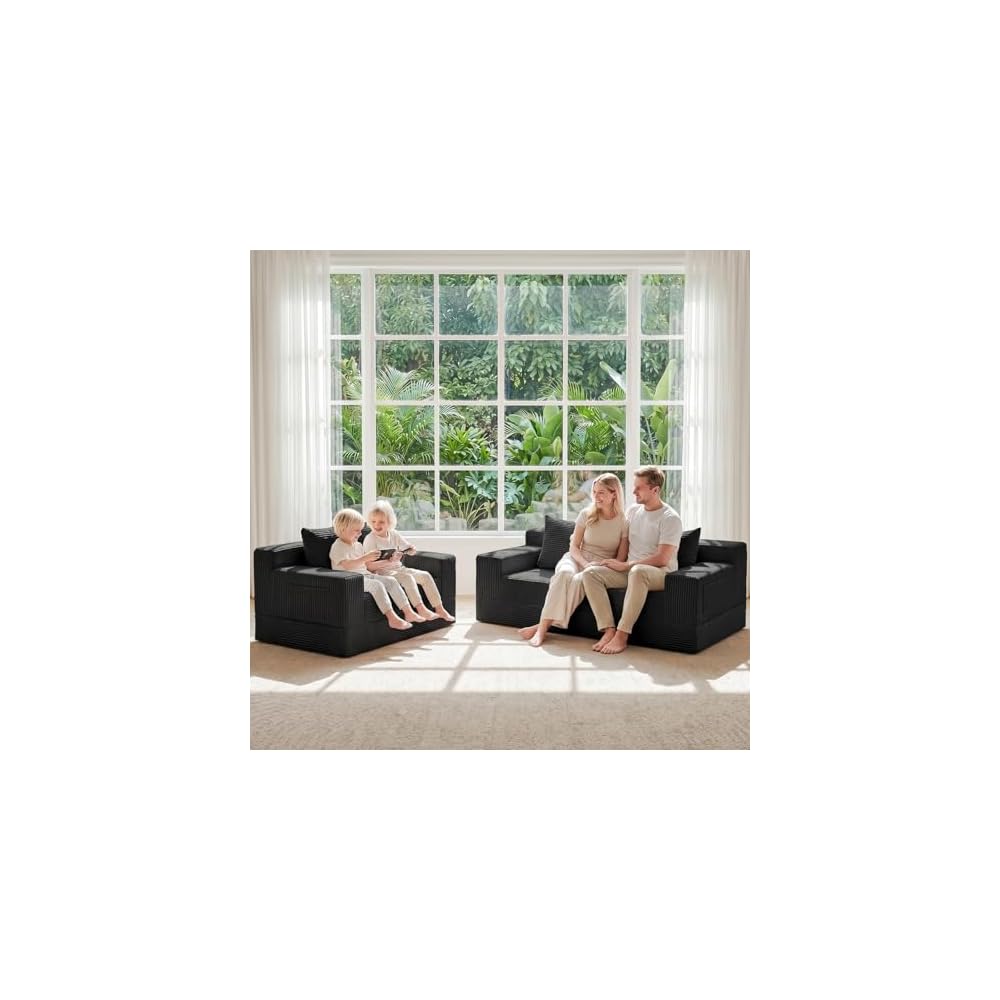 Ausziehbares Schlafsofa, kleines rahmenloses Sofa & rahmenloser Zweisitzer, ausziehbare Couch für kleine Räume, hochwertiges, luxuriöses Klapp-Futon aus Kordsamt mit Seitentasche & 2 Kissen, keine Montage erforderlich